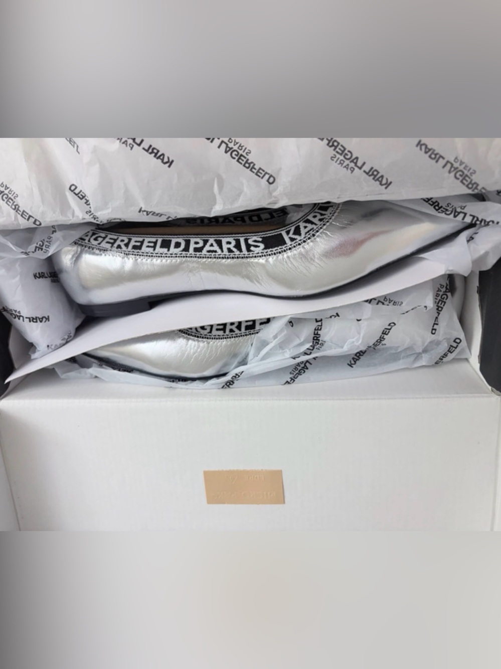 Karl Lagerfeld Metallic Silver Pointed Logo Trim Flats - Picture 3 of 5